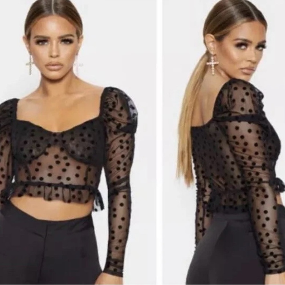 Pretty Little Thing Mesh Polka Dot Long Sleeve Top Size 16 Sheer